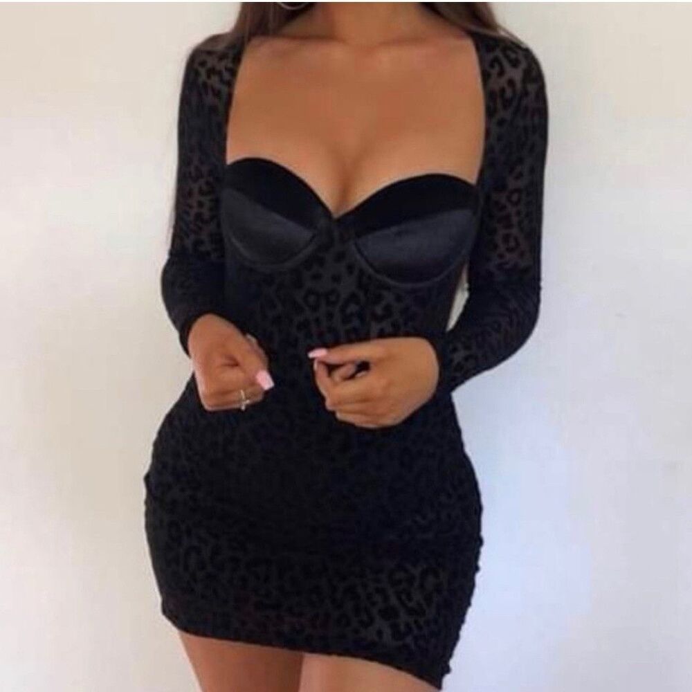 MESHKI Black Leopard Animal Print Sheer Mesh Sweetheart Mini Dress Size S